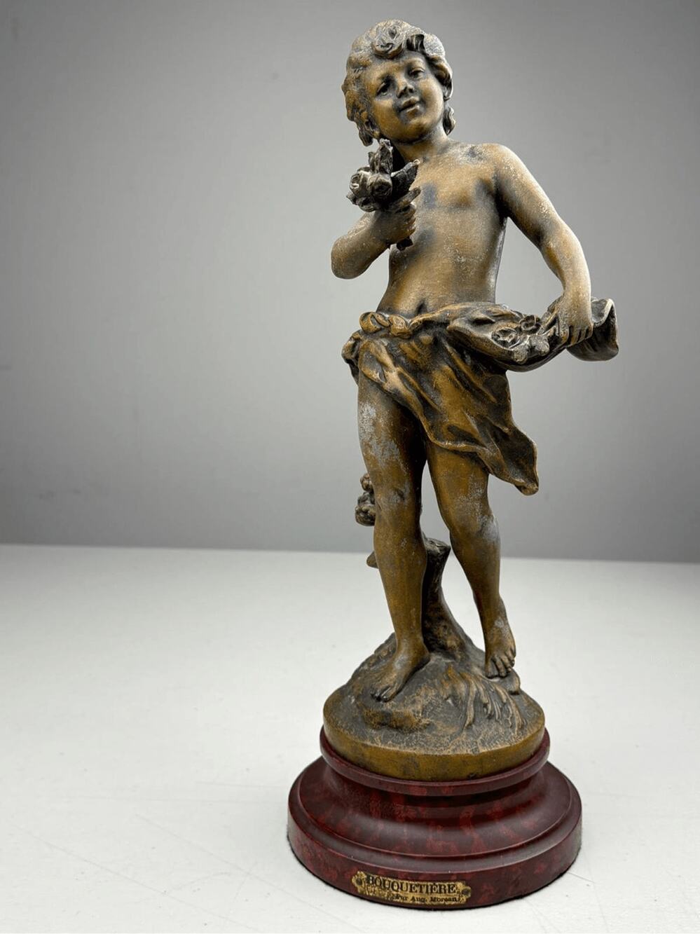Antique Auguste Moreau Bouquetiere Bronze Boy Cherub Sculpture France 13.5in H